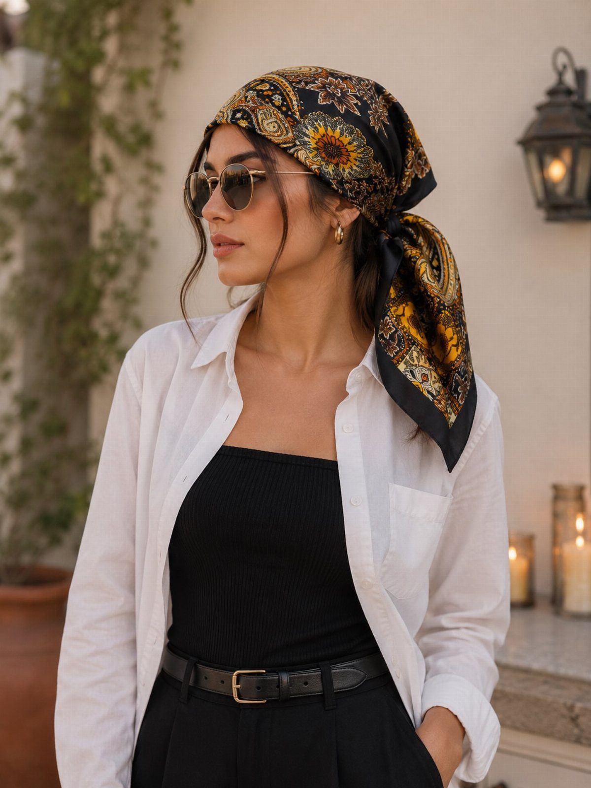 Woman wearing a patterned headscarf and sunglasses to protect her hair outdoors.