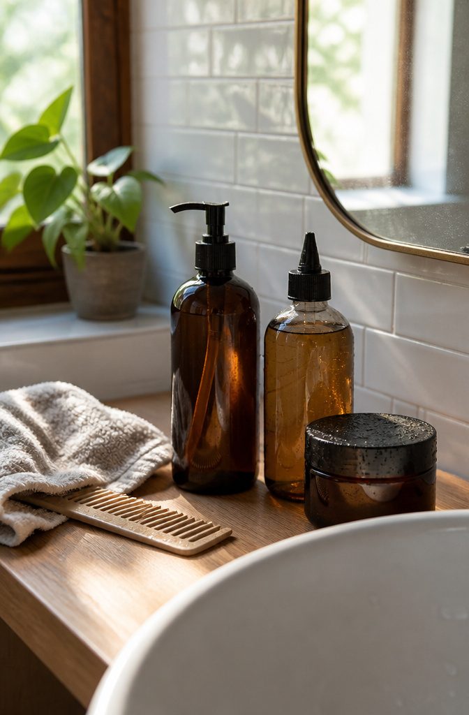 Unmarked shampoo bottle rinse bottle and scalp scrub jar on a bathroom shelf