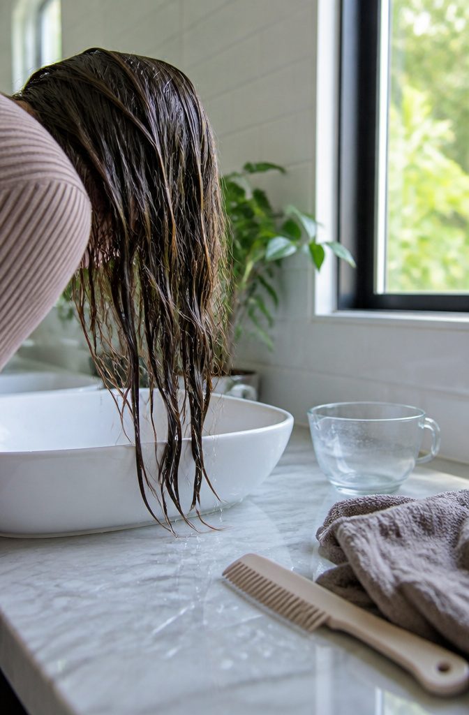 Person leaning over a basin with loose wet hair strands and a comb