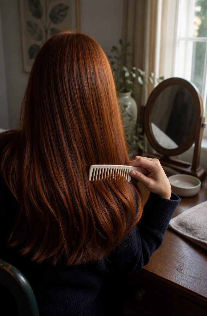 Copper-brown hair with warm highlights beside a wide-tooth comb holding fine strands