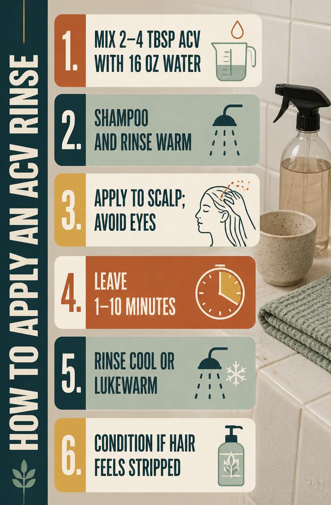Beauty instruction graphic showing steps for mixing and applying an apple cider vinegar rinse