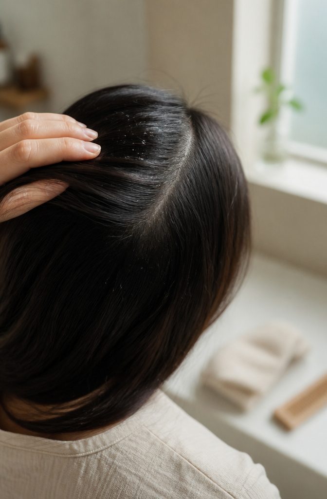 Close view of parted hair and scalp with strands separated at the roots