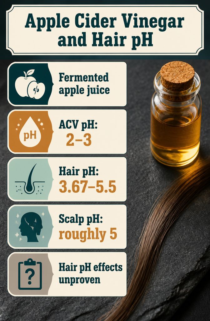 Apple cider vinegar pH graphic with a scale comparing hair and scalp acidity