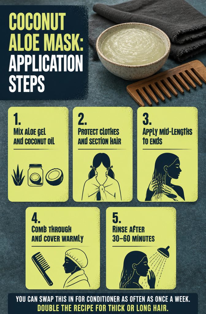 Hands applying aloe and coconut oil mask to hair beneath a shower cap