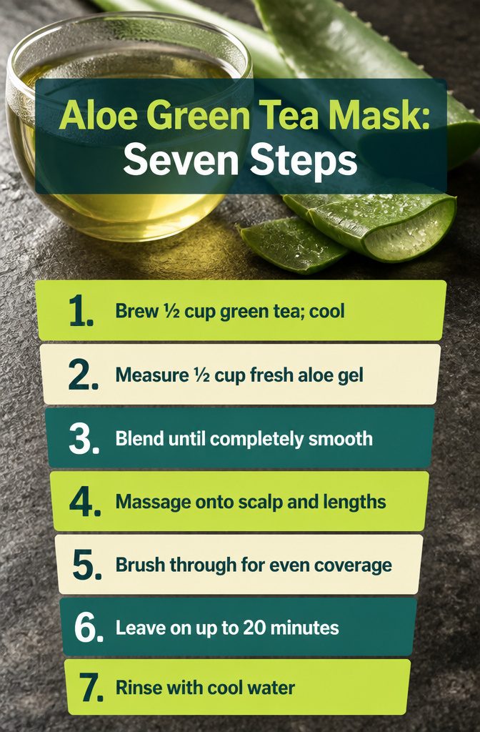 Green tea and aloe mixture with steps for combing it through hair