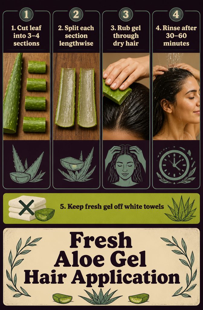 Aloe leaf cut lengthwise to reveal clear gel beside sections of hair