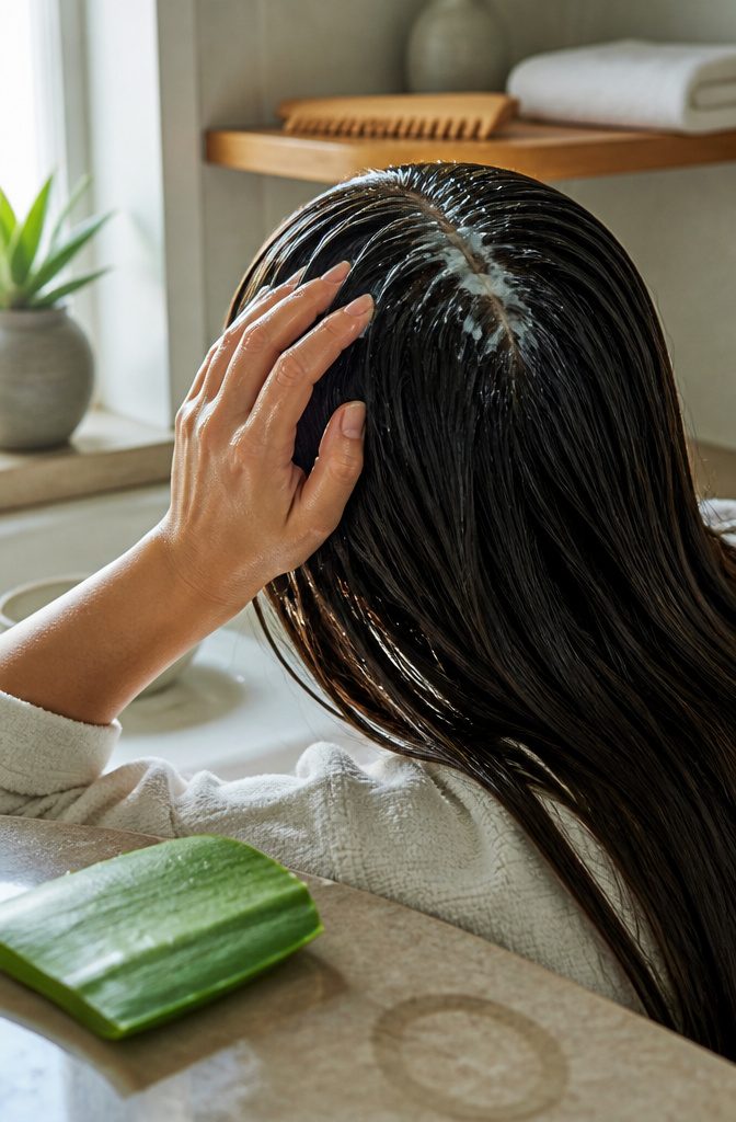 Aloe vera gel beside hair strands and a scalp care article