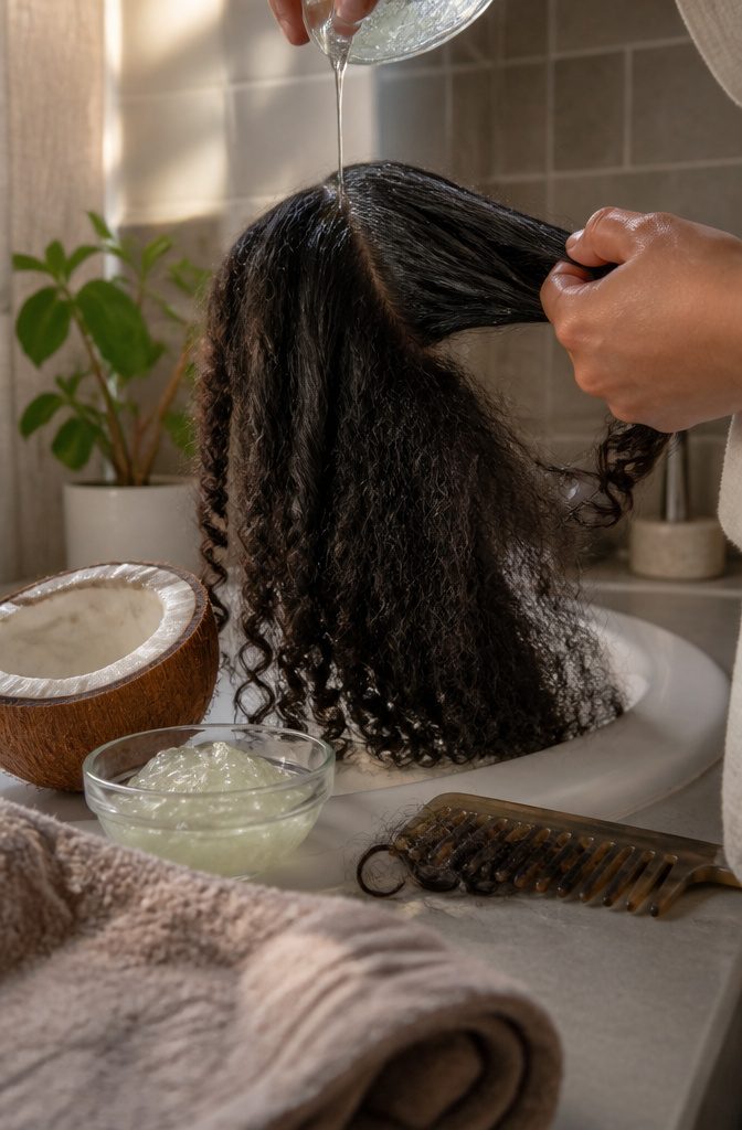 Curly coarse and fine hair beside a glass bowl of translucent aloe gel