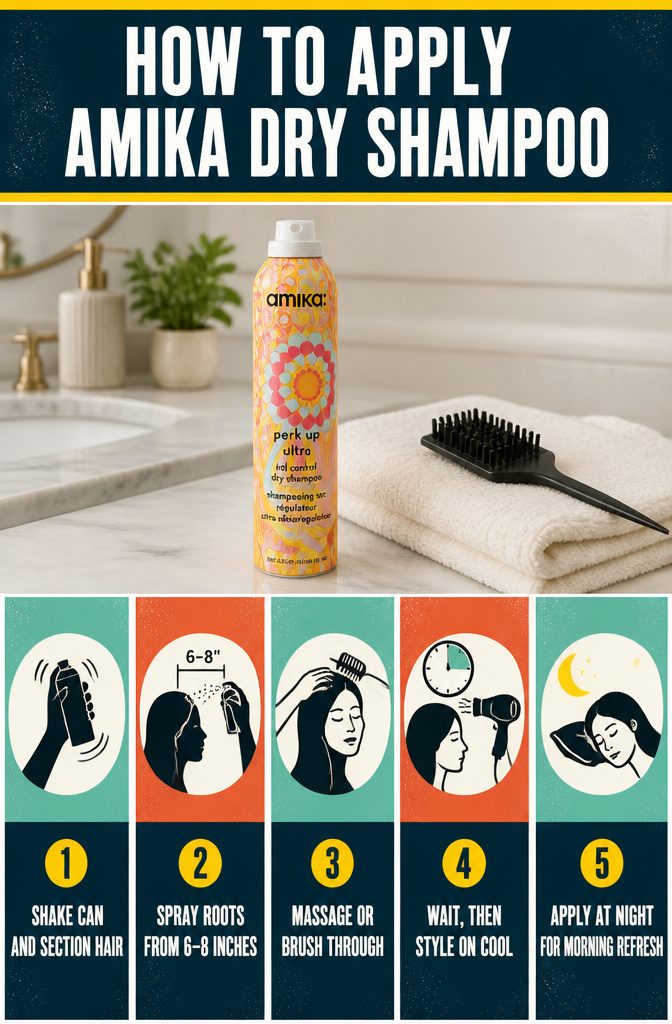 Beauty infographic with steps for applying dry shampoo to hair roots
