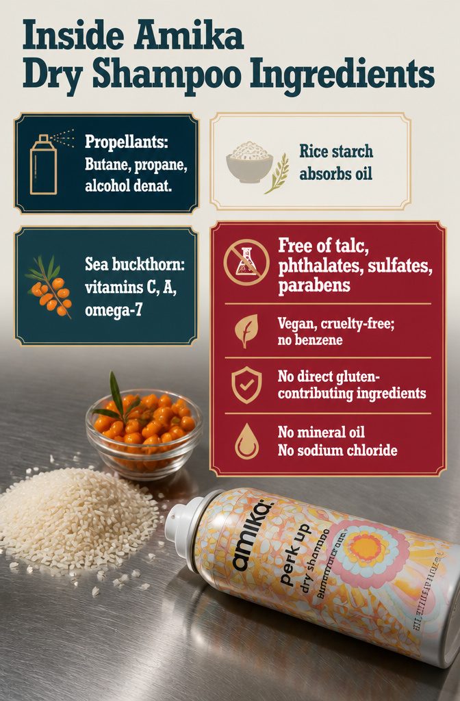Beauty infographic listing rice starch sea buckthorn and other dry shampoo ingredients