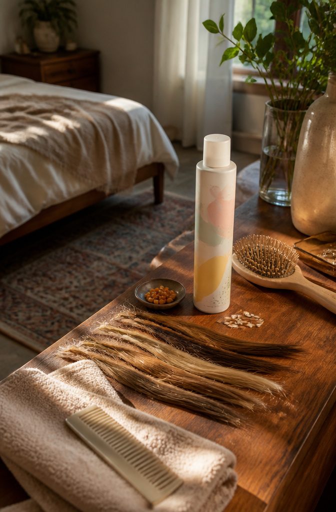Dry shampoo can beside blonde and brown hair strands rice grains and sea buckthorn berries