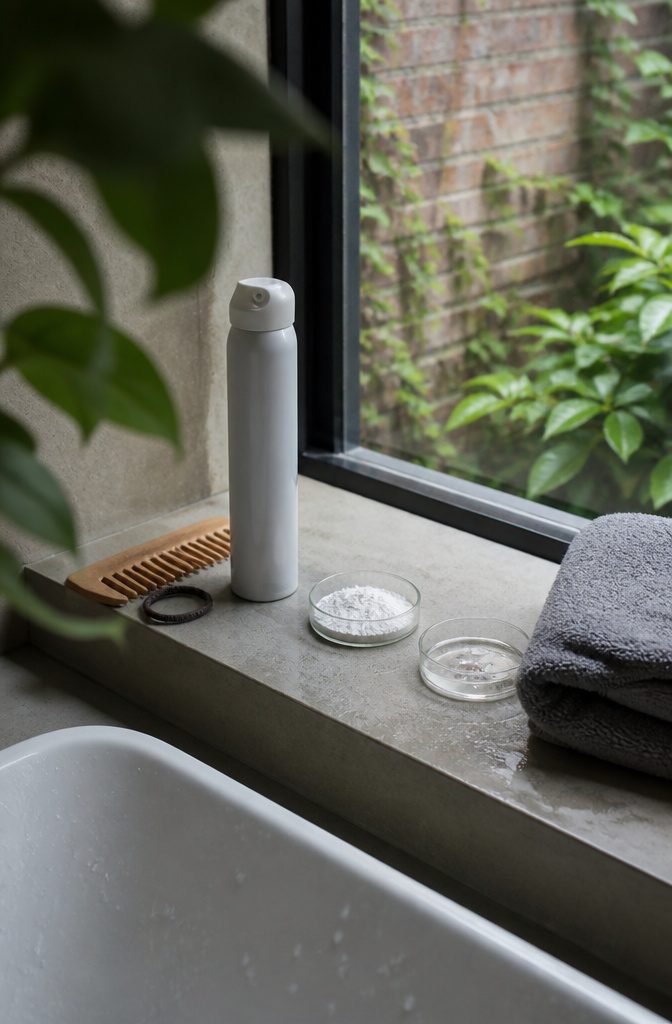 Dry shampoo can with arrowroot powder comb and hair tie on bathroom shelf