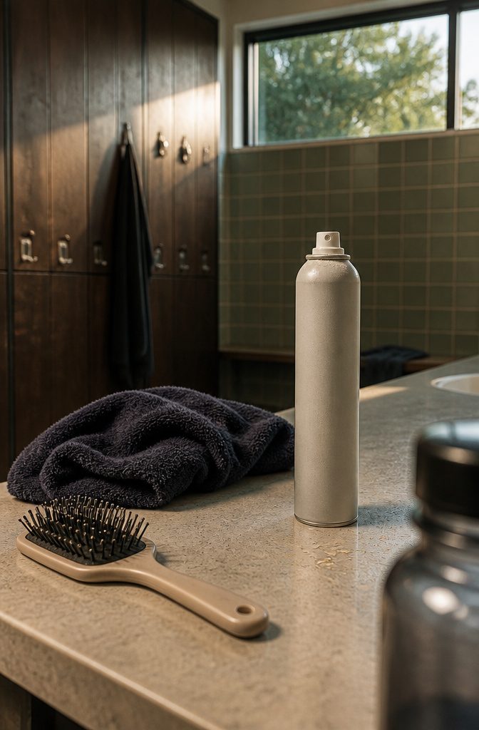Dry shampoo can beside workout towel hairbrush and loose rice grains