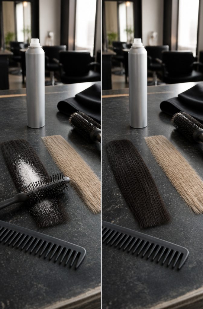 Amika dry shampoo can against a plain background