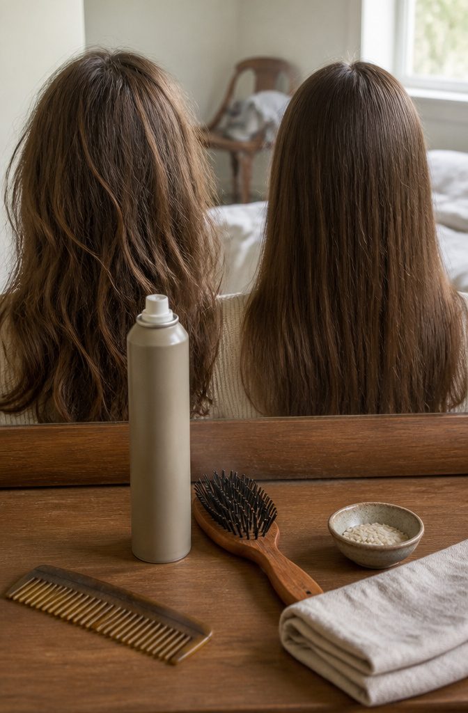 Two hair sections beside a dry shampoo can and brush one lifted at the roots