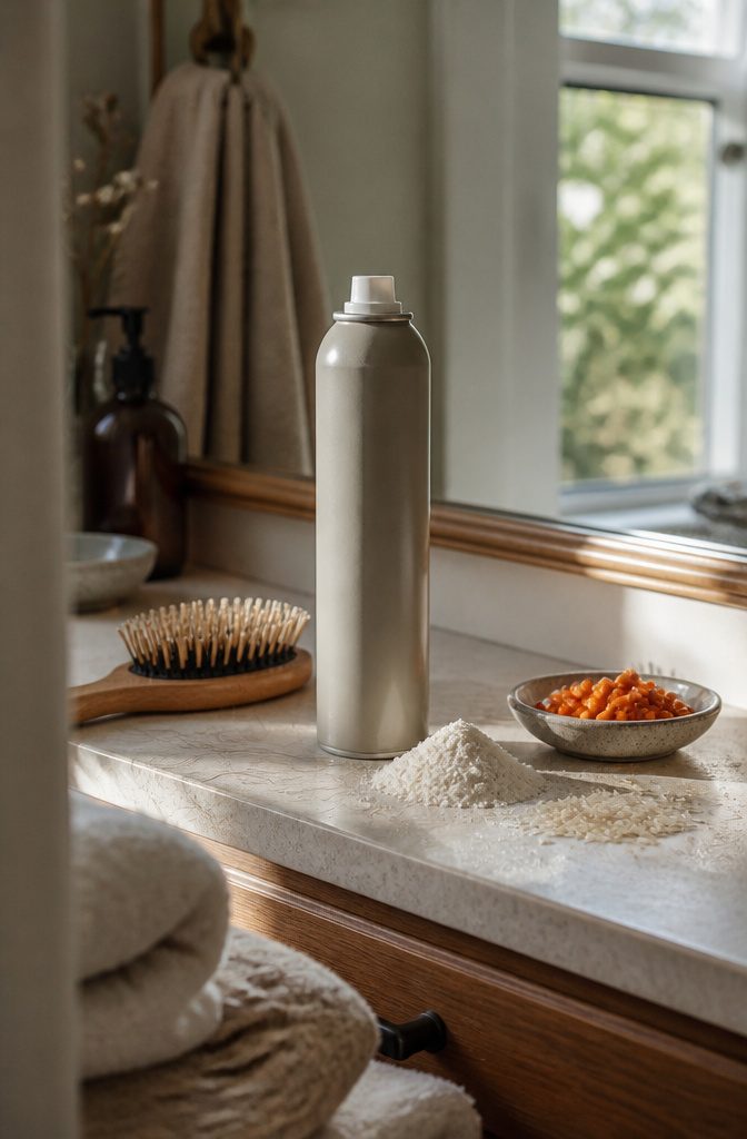 Amika dry shampoo can against a plain background