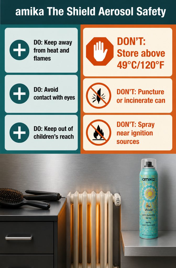 Beauty safety graphic with precautions for storing and handling an aerosol can