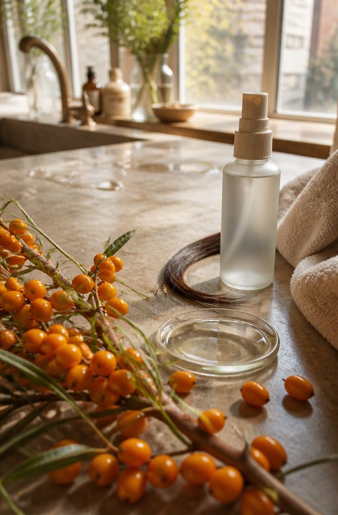 Sea buckthorn berries beside clear hair serum and a strand of hair