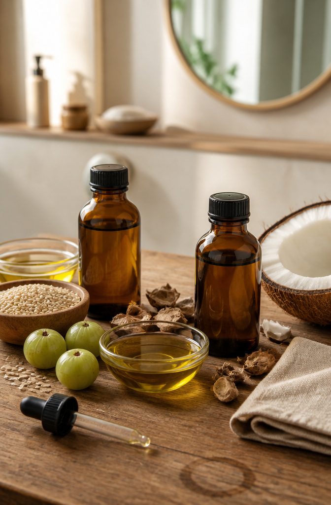 Amla oil products and ingredients arranged for checking the label
