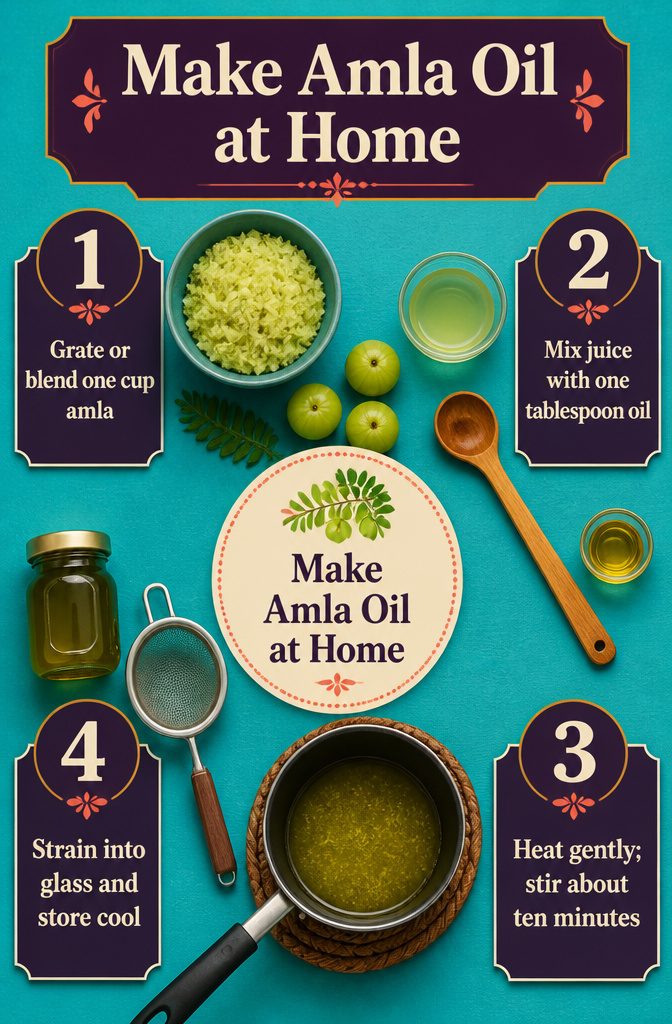 Beauty infographic listing ingredients and steps for homemade amla oil