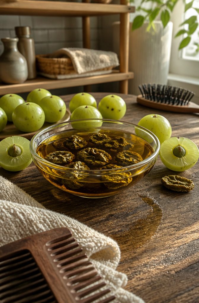 Dried amla pieces in sesame oil beside whole and cut green gooseberries