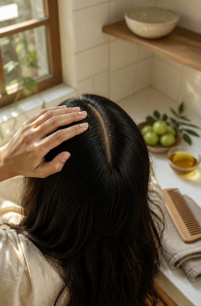 Dark hair parted to show clean scalp and strands with a light oil sheen