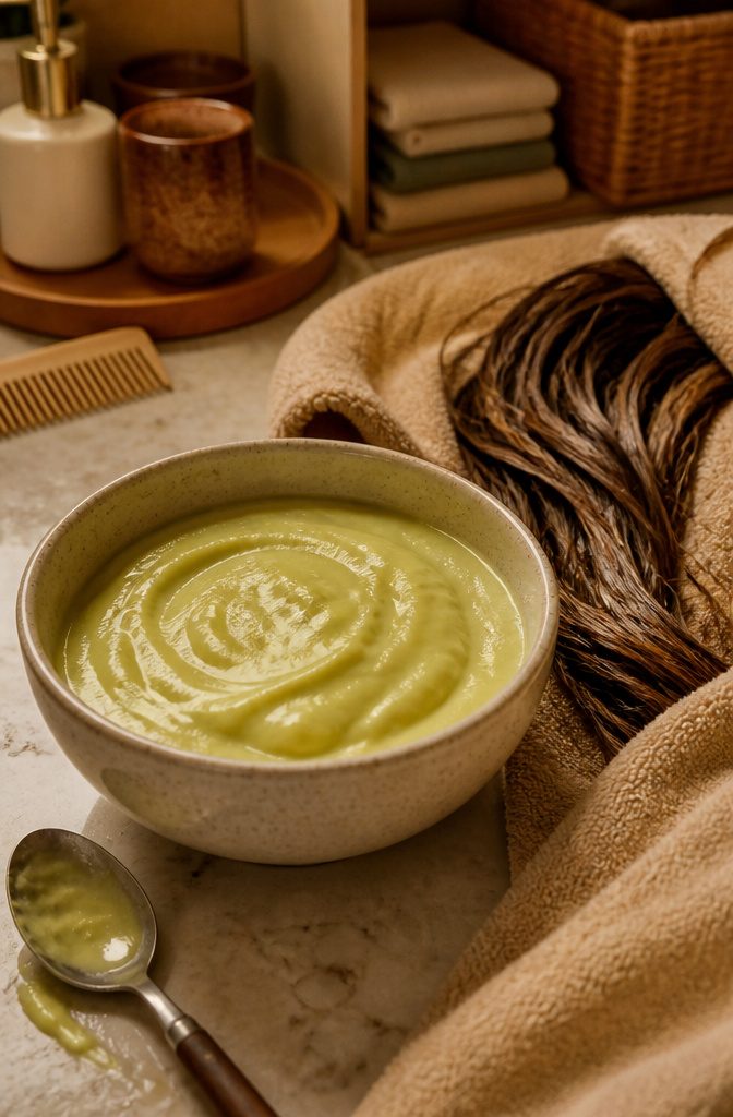 Mashed banana and avocado with coconut milk in a bowl