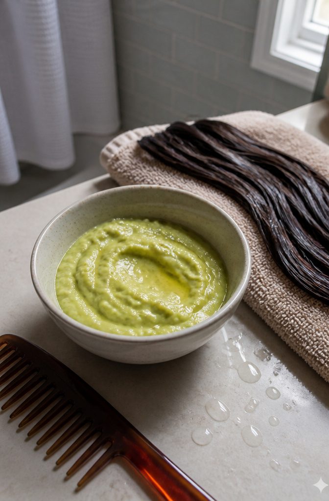 Mashed avocado in a bowl beside liquid coconut oil