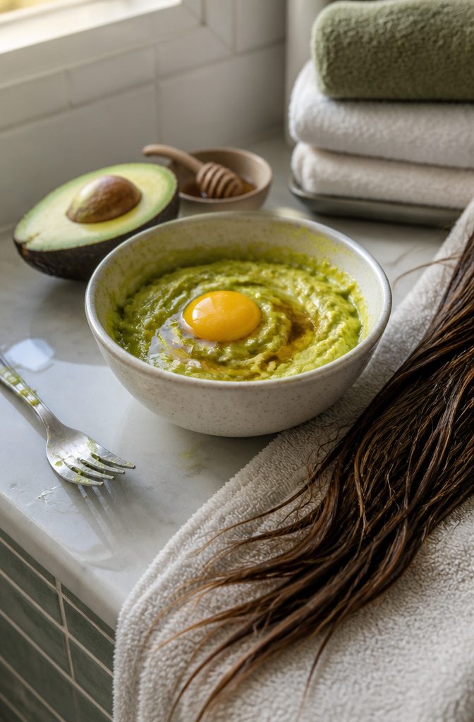 Egg yolk beside mashed avocado and honey for a hair mask