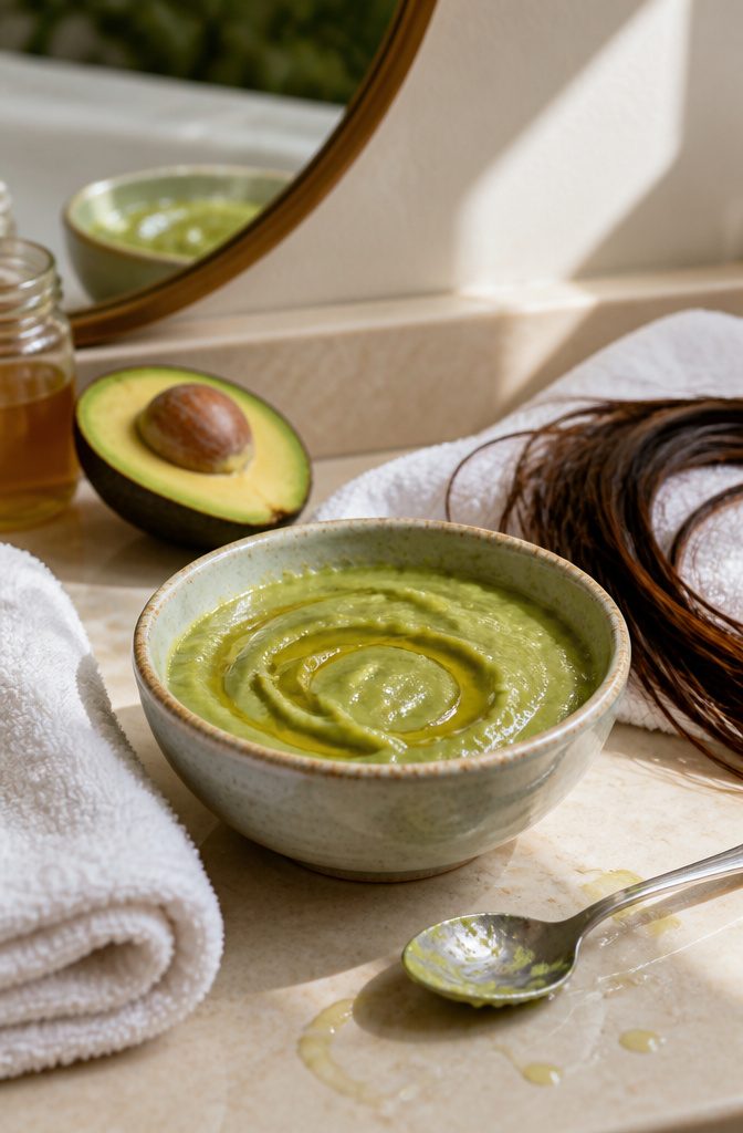 Mashed avocado and honey arranged together in a small bowl