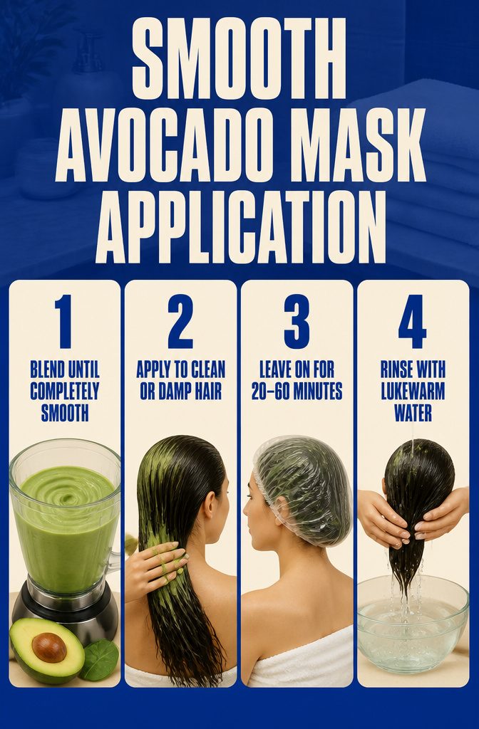 Beauty infographic with steps for blending applying and rinsing an avocado mask