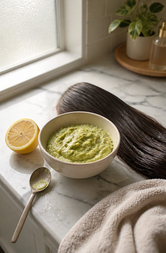 Lemon juice and mashed avocado prepared for an oily hair treatment