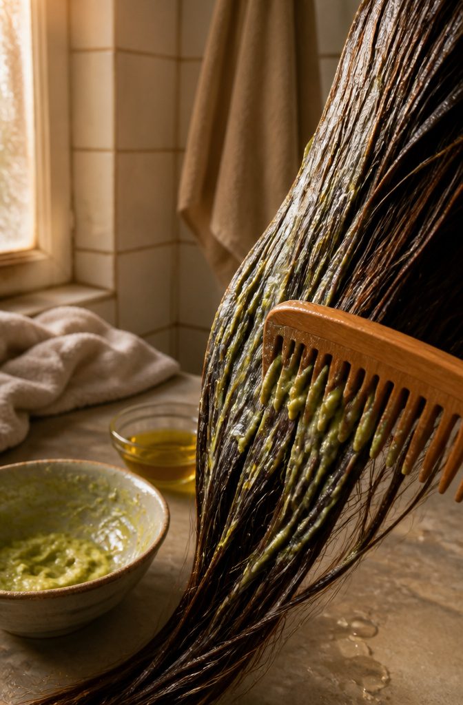 Mashed avocado beside olive oil and other oils for a hair mask