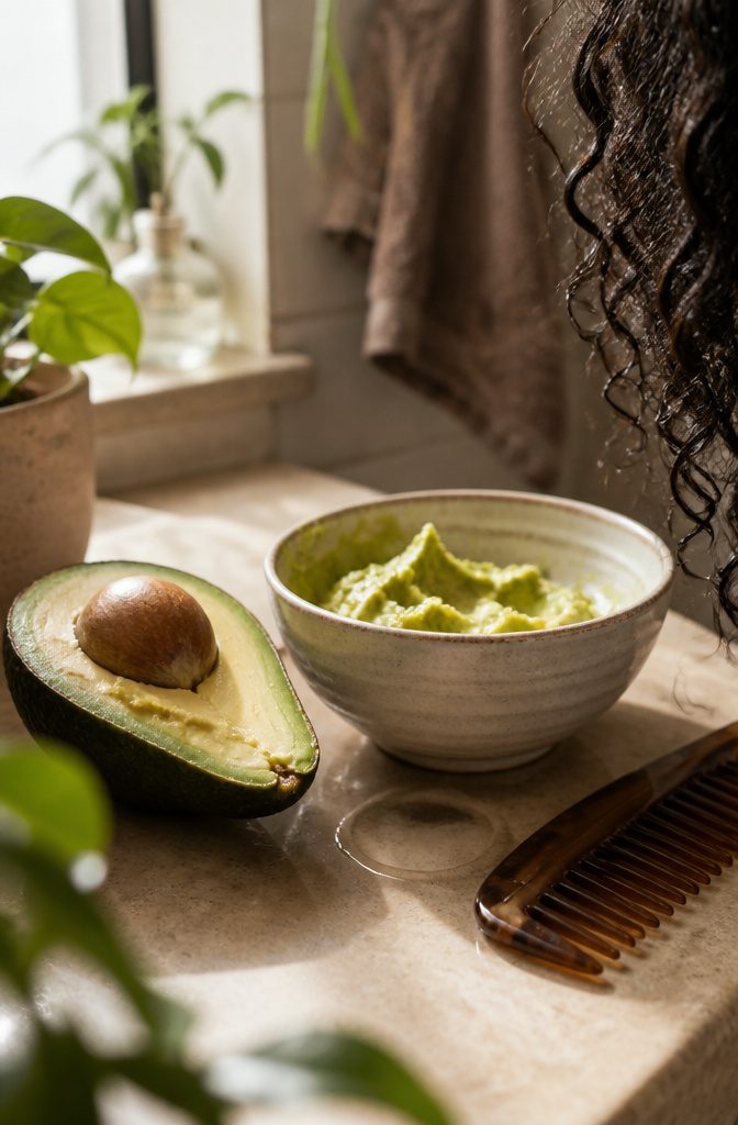Split avocado with pale green flesh beside mashed fruit and dark curly hair