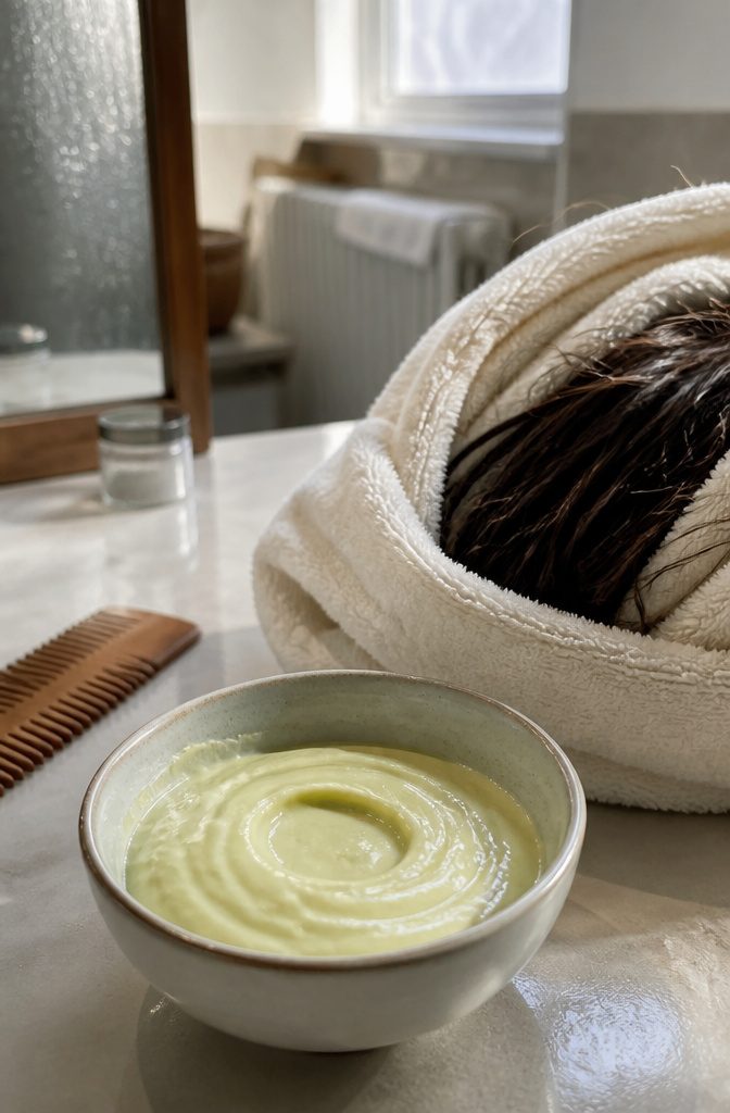 Plain yogurt and avocado oil arranged for a hair treatment
