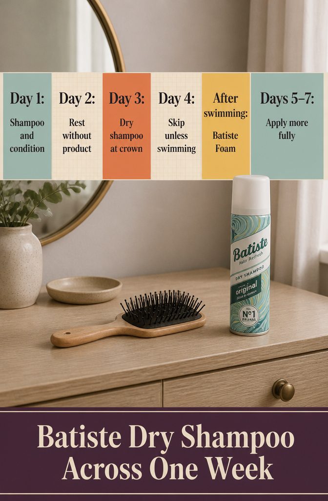 Weekly Batiste dry shampoo routine graphic showing days between washes