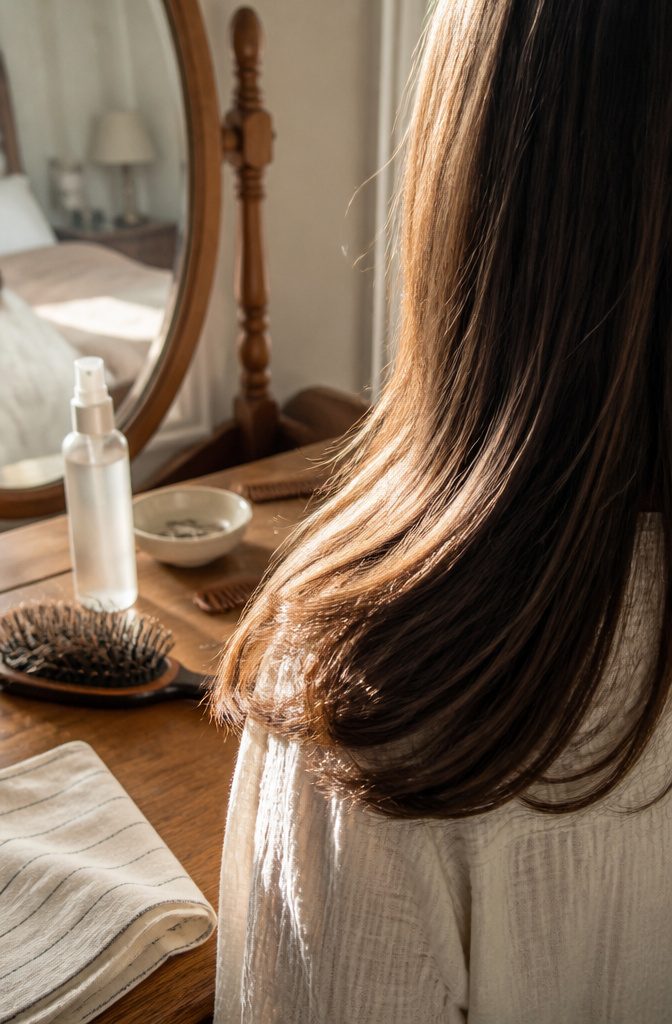 Long brown hair with reflective ends beside a mist bottle and hairbrush