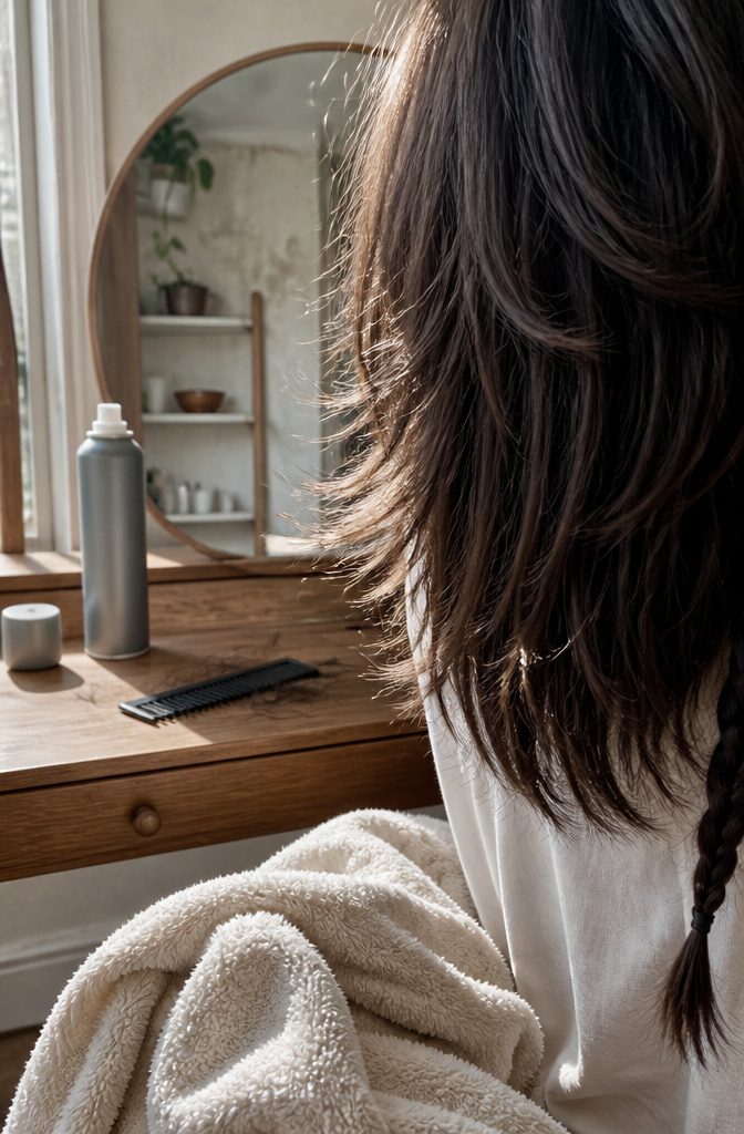 Lifted dark shag haircut with a textured braid and aerosol can