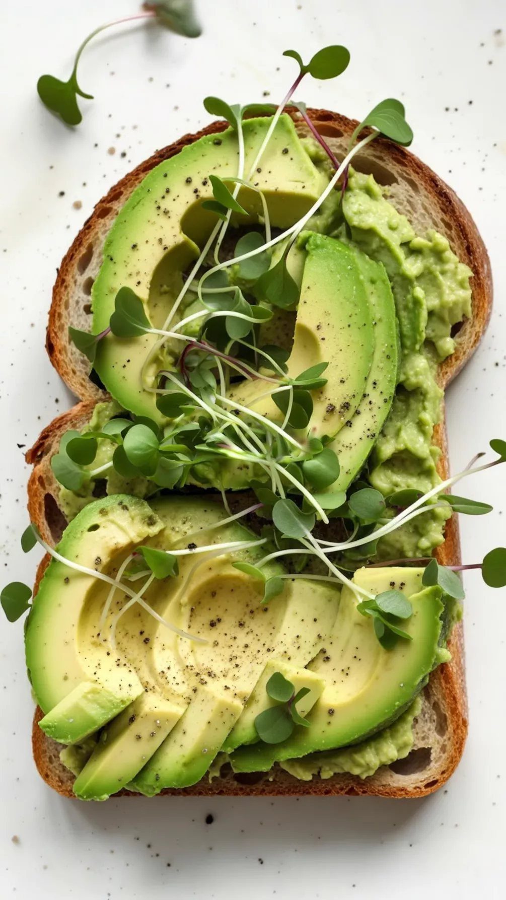 Avocado toast with sliced avocado and microgreens on whole grain bread.