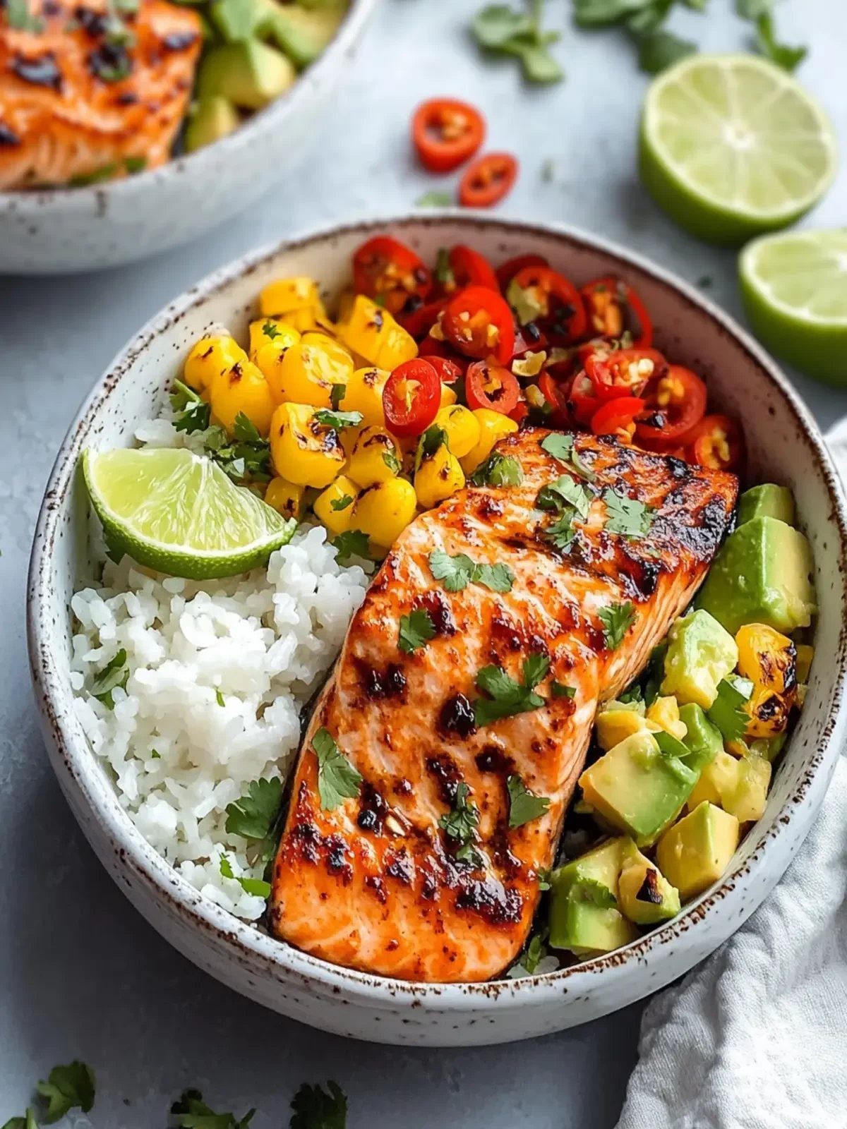 Grilled salmon fillet in a bowl with rice, avocado, corn, and lime.