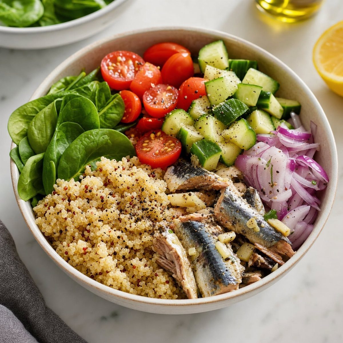 Bowl of quinoa, sardines, red onions, cucumbers, cherry tomatoes, and spinach leaves.