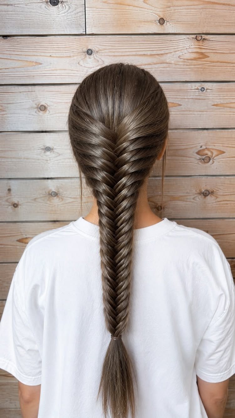 Brown hair styled in a fishtail braid from the scalp down the back.