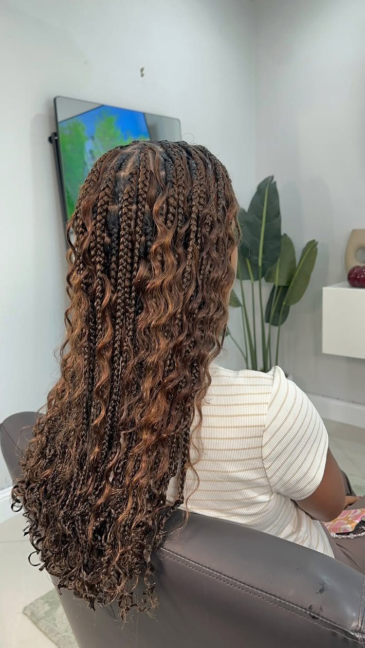 Long brown and blonde braids with curly ends on a person seen from behind.