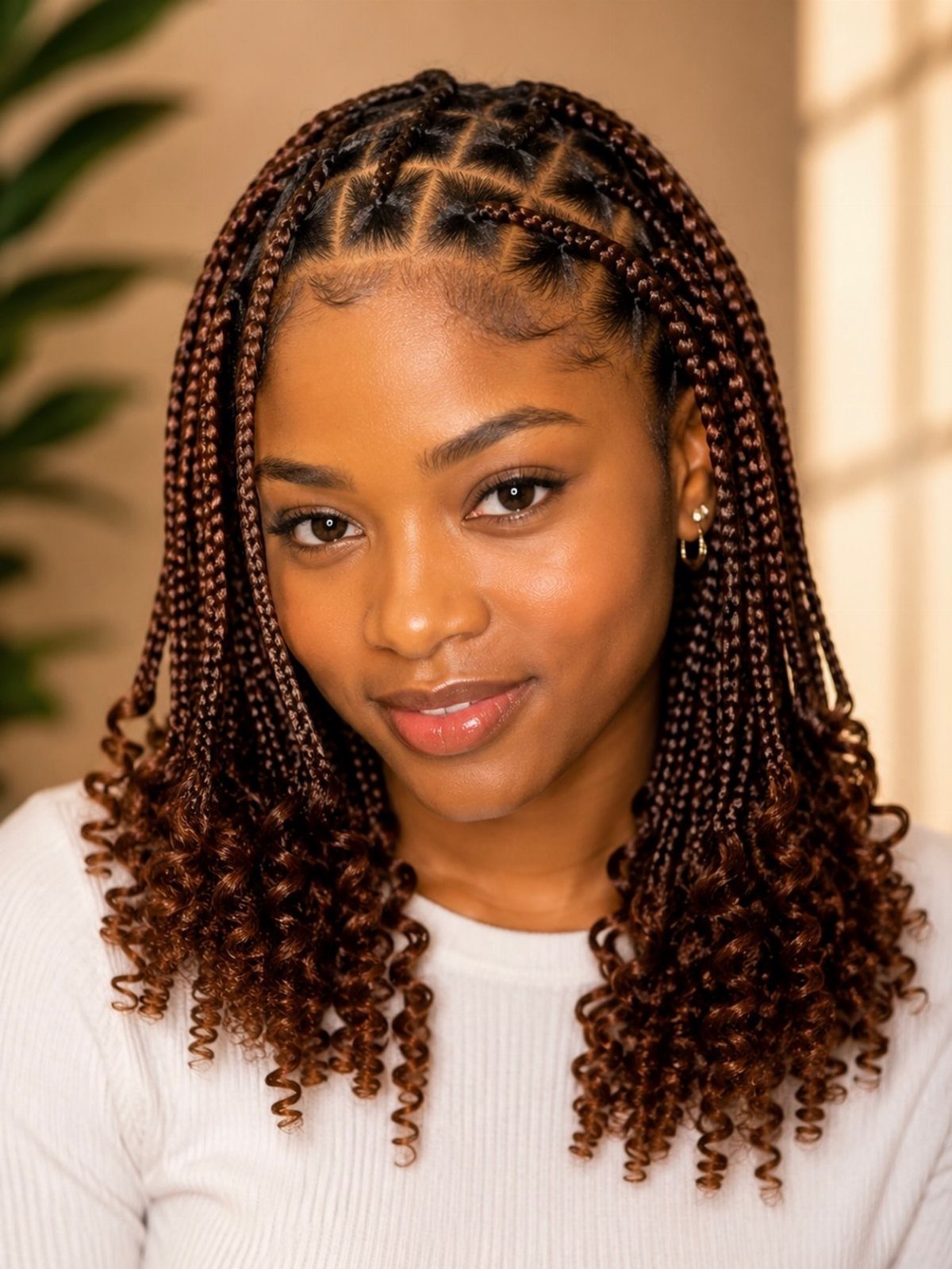 Woman with brown braids to the scalp and curly ends wearing a white shirt.