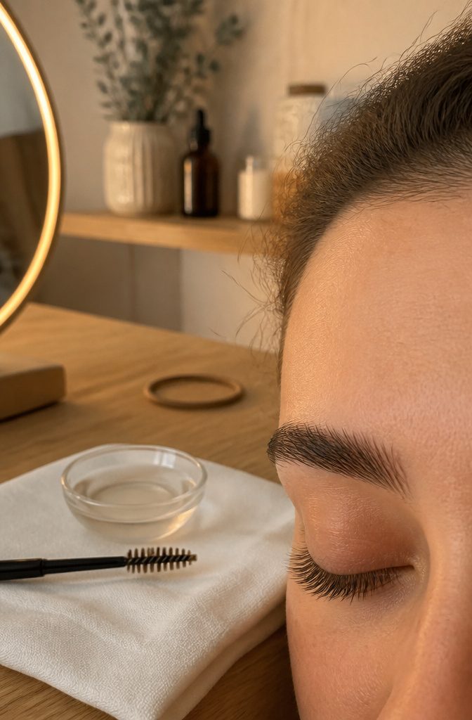 Natural eyebrow and closed eye beside an oil-coated spoolie and cotton cloth