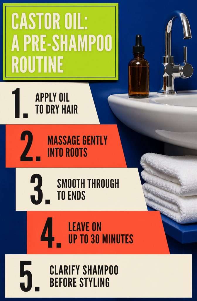 Castor oil pre-shampoo routine infographic with treatment steps