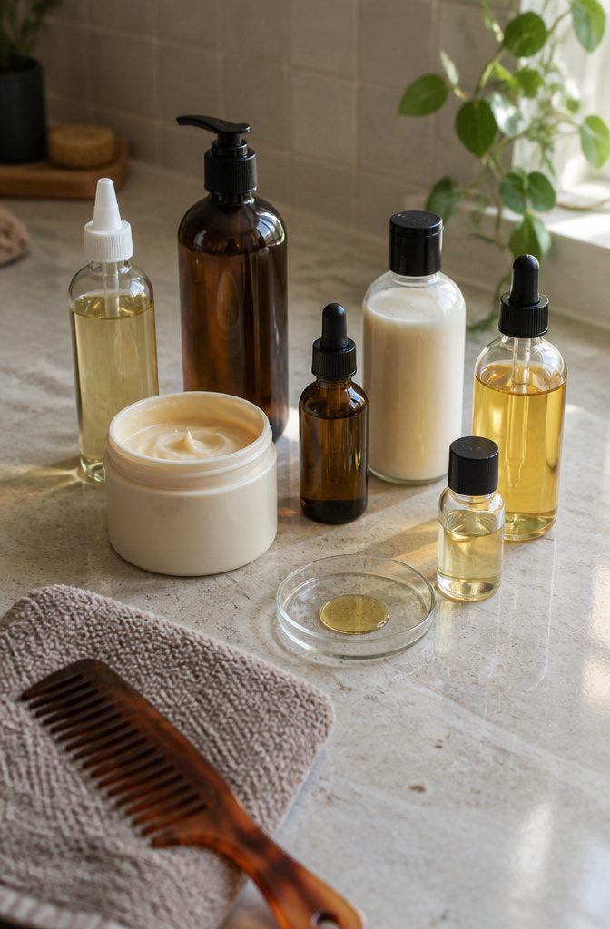 Unlabeled castor oil bottles with hair mask shampoo scalp oil and treatment