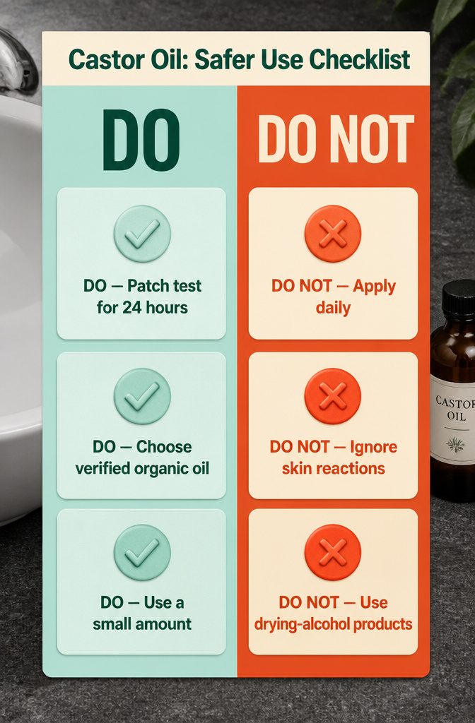 Castor oil safety checklist graphic with precautions
