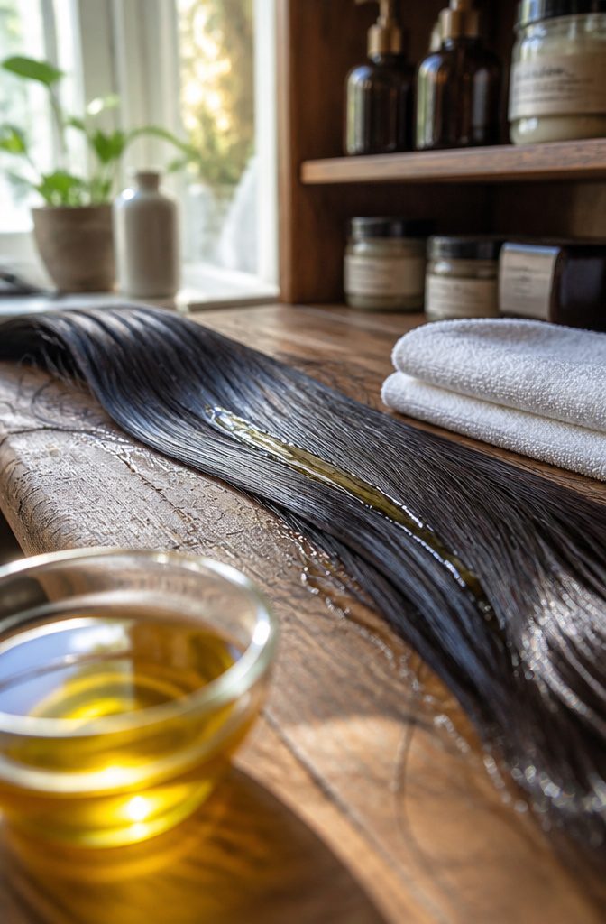 Castor oil bottle beside glossy strands of dark hair