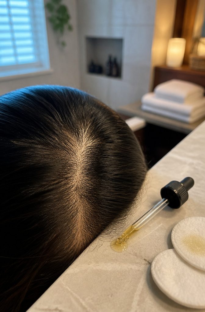 Parted dark hair revealing fine scalp hairs beside a glass dropper